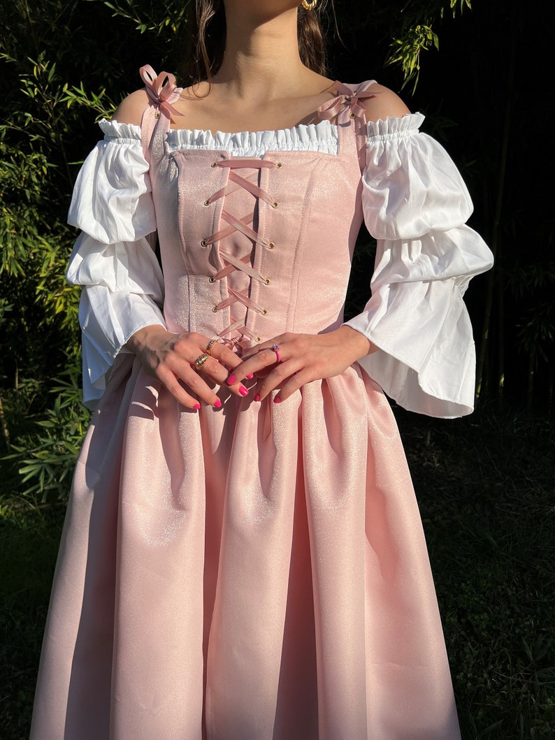 Bright Satin Silky Renaissance Dress Medieval Wedding Gown Victorian, Elizabethan Renaissance Corset Dress Pink Green Black Options image 2