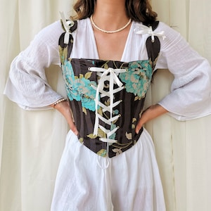 Renaissance Corset Peasant Bodice, Floral Pattern, Straps Festival Corset, Victorian, Elizabethan, Overbust Made to Measure, Medieval corset