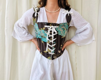 Renaissance Corset Peasant Bodice, Floral Pattern, Straps Festival Corset, Victorian, Elizabethan, Overbust Made to Measure, Medieval corset