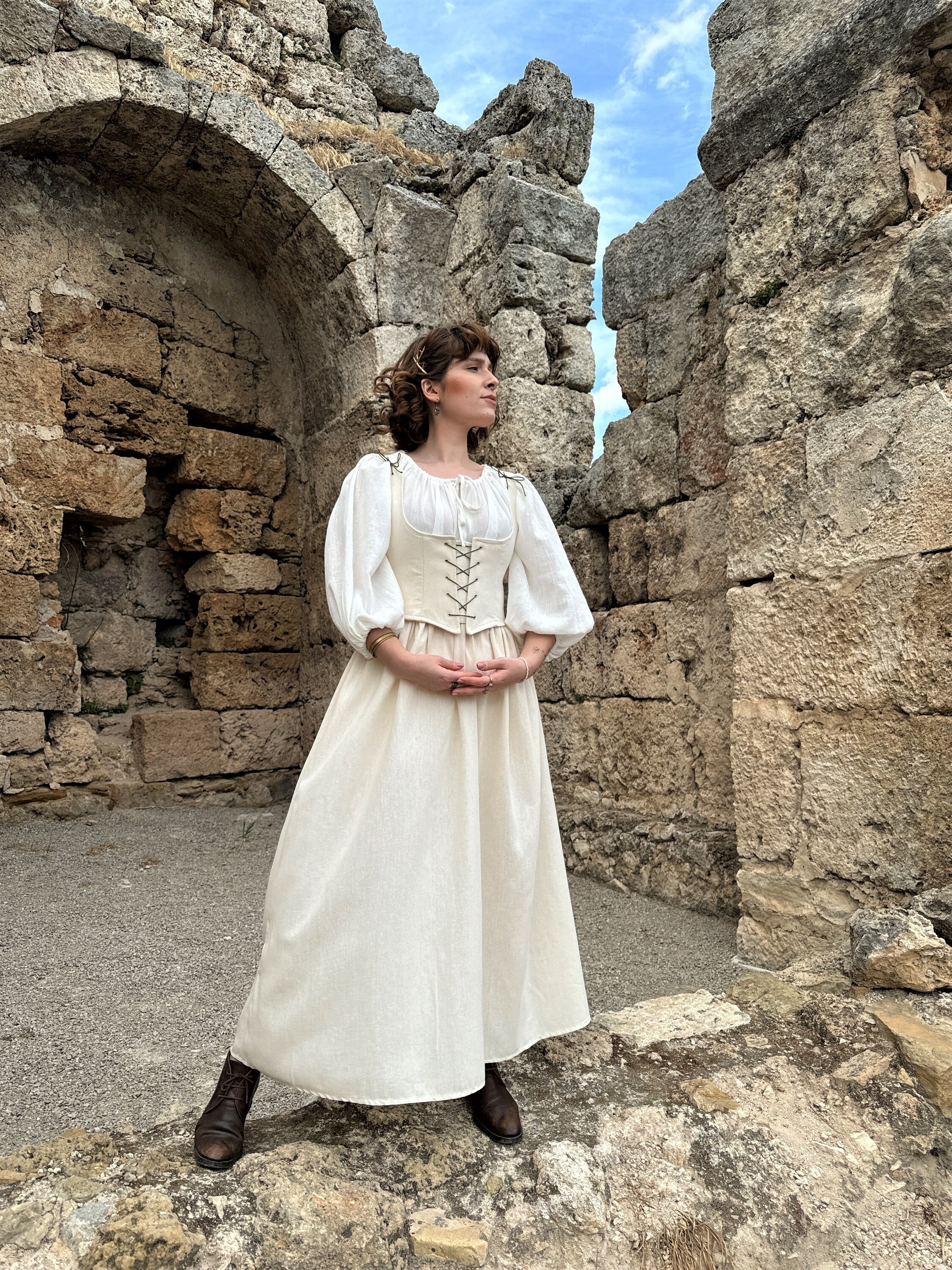 linen corset dress Maeve Puff-Sleeve Midi Cottagecore Linen Corset Dress, Medieval