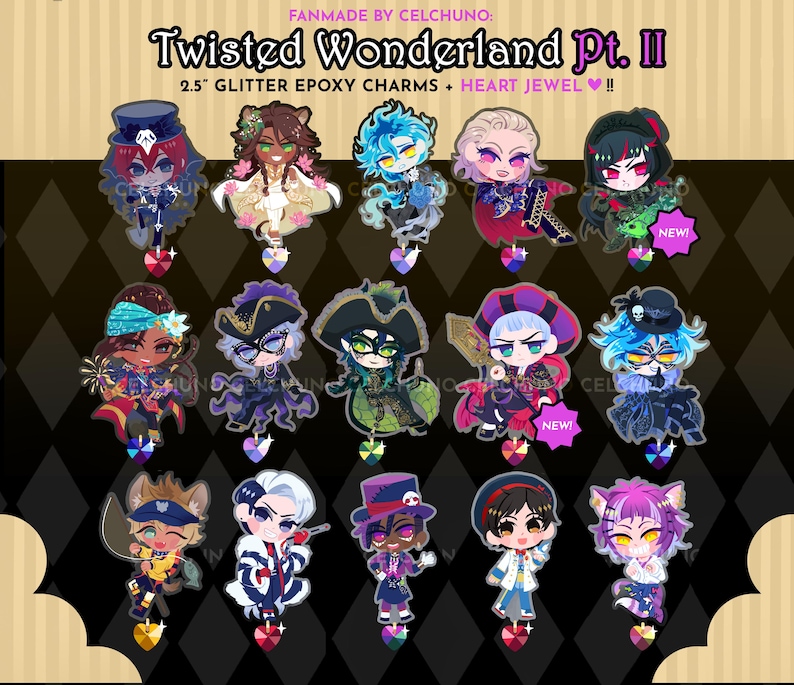 May include: A set of 12 colorful 2.5 inch glitter epoxy charms featuring characters from the anime series Twisted Wonderland. The charms are shaped like hearts and feature a variety of characters, including a blue-haired boy with a crown, a red-haired girl with a bow, and a green-haired boy with a hat. The charms are labeled "Twisted Wonderland Pt. II" and "New!"
