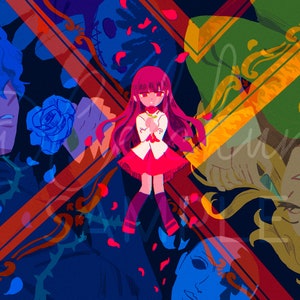 以下が含まれることがあります： カラフルで抽象的な背景に4人の人物を描いたデジタルイラスト。人物は赤、オレンジ、黄色のフレームで囲まれています。背景は濃い青で、花と葉の模様が描かれています。人物は全員、鑑賞者の方を見ています。