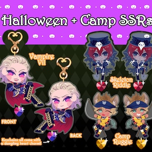 May include: Set of six Halloween and Camp themed character keychains. Each keychain features a different character from the popular anime series Twisted Wonderland. The keychains are made of acrylic and feature a dangling heart charm. The characters include: Vampire Vil, Skeleton Riddle, and Camp Ruggie.