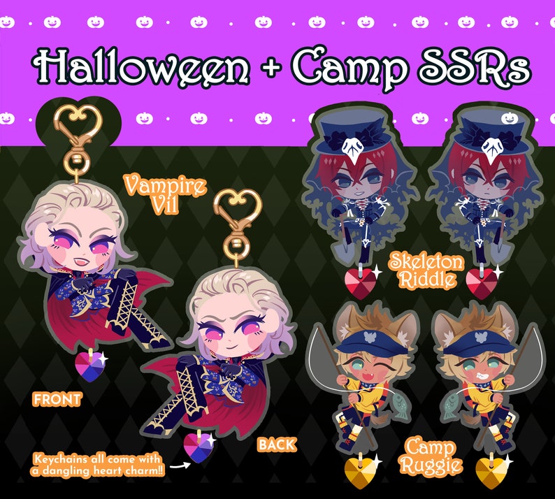 May include: Set of six Halloween and Camp themed character keychains. Each keychain features a different character from the popular anime series Twisted Wonderland. The keychains are made of acrylic and feature a dangling heart charm. The characters include: Vampire Vil, Skeleton Riddle, and Camp Ruggie.
