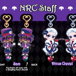 May include: Two sets of keychains featuring characters from the anime "Twisted Wonderland". The first set features Sam, a character with purple and black hair, wearing a purple and black hat and a purple and black outfit. The second set features Divus Crewel, a character with white hair, wearing a black and white outfit. Both sets have a dangling heart charm.