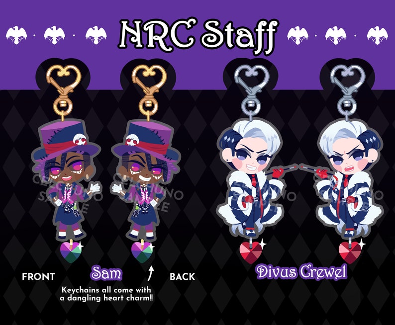 May include: Two sets of keychains featuring characters from the anime "Twisted Wonderland". The first set features Sam, a character with purple and black hair, wearing a purple and black hat and a purple and black outfit. The second set features Divus Crewel, a character with white hair, wearing a black and white outfit. Both sets have a dangling heart charm.