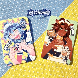 May include: Two rectangular anime-style cards featuring illustrations of characters in maid outfits with cat ears. One card has a blue and yellow color scheme with the text "NYA?" and the other has a brown and white color scheme with the text "PAWR!" The cards have the logo "CELCHUNO!!" at the top.
