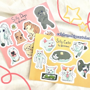 May include: Two sets of stickers featuring silly dogs and cats. The dog stickers are on a pink background and feature a variety of breeds, including a pug, a chihuahua, and a husky. The cat stickers are on a yellow background and feature a variety of breeds, including a tabby, a calico, and a Siamese. The stickers are all illustrated in a cartoon style and are perfect for adding a touch of humor to your belongings.