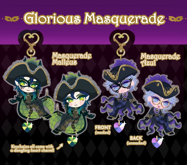 May include: Two colorful keychains featuring cartoon characters from the anime "Twisted Wonderland". The characters are dressed in masquerade costumes and have a heart charm attached to the keychain. The text "Masquerade Malleus" and "Masquerade Azul" are visible on the keychains.