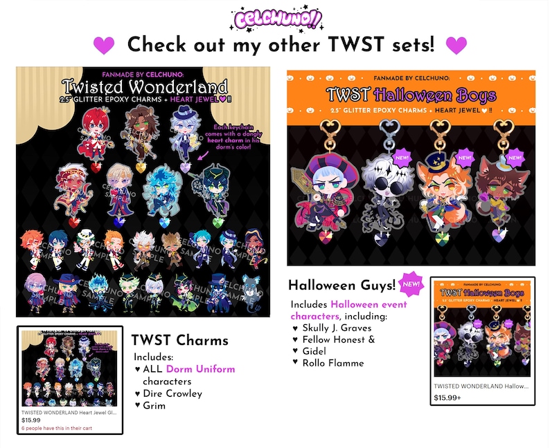 May include: A set of 25 glitter epoxy charms featuring characters from the Twisted Wonderland anime. The charms are shaped like the characters and have a heart-shaped jewel attached to each one. The set includes characters from the Halloween event, including Skully J. Graves, Fellow Honest & Gidel, and Rollo Flamme.