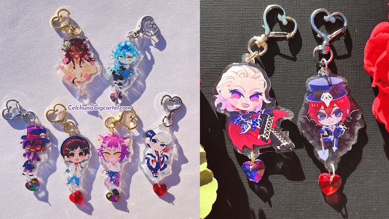 May include: A set of ten colorful anime character keychains with heart-shaped charms. The keychains are made of clear acrylic and feature different characters with various expressions and poses. The keychains are perfect for adding a touch of anime style to your bag, keys, or phone.