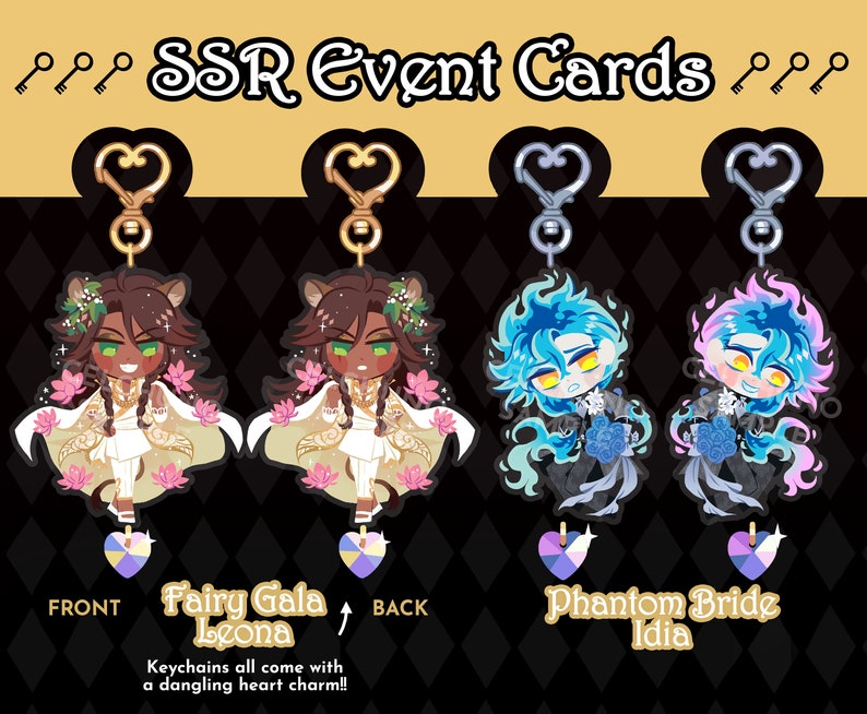 May include: Four colorful keychains featuring anime characters from the game Twisted Wonderland. The keychains are designed with a front and back side. The front side features a character from the game, and the back side features a heart-shaped charm. The keychains are labeled with the character's name and the event they are from. The keychains are labeled "Fairy Gala Leona" and "Phantom Bride Idia".
