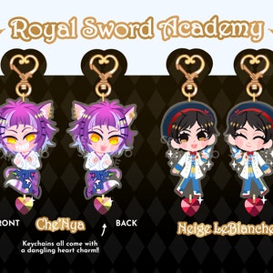 May include: Two sets of keychains featuring anime-style characters. The first set features a purple-haired cat-like character with a white shirt and blue skirt. The second set features a character with black hair and a blue and white outfit. Each keychain has a dangling heart charm.