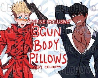 May include: Two anime-style body pillows with the text "*ONLINE EXCLUSIVE* 3GUN BODY PILLOWS BY CELCHUNO" in red. The pillow on the left is red and the pillow on the right is black.
