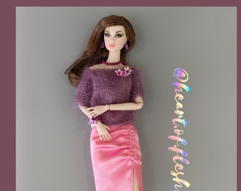 INDULGE ultra soft mohair sweater with bijou accent and midi pink satin thigh split skirt for Barbie Silkstone Poppy Parker Nuface Sindy