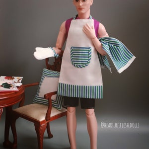 COOK IN STYLE 4-piece fashion accessories (apron, oven mitt, tea towel, cushion) for 1:6 scale 12in 30cm fashion doll