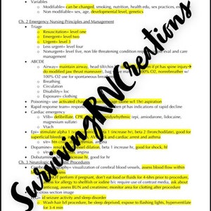May include: A page of notes with the title "Med Surg ATI Review" and headings for "Health, Wellness, and Illness", "Emergency Nursing Principles and Management", "Triage", "ABCDE", "Poisoning", "Rapid Response Team", "Cardiac Emergency", "Epi", "Dopamine", "Dobutamine", "Neurologic", and "Cerebrography Procedures".