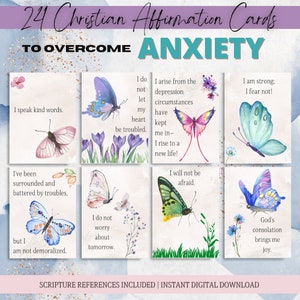24 Afirmaciones de las Escrituras para superar la ANSIEDAD, Tarjetas de Oración Digitales, Tarjetas de Afirmación Diarias, Tarjetas de las Escrituras, Tarjetas de Afirmación Bíblica, PDF