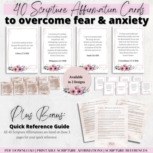 40 Christian Affirmations to Overcome ANXIETY & FEAR, Daily Affirmation Cards, Scripture Cards, Prayer Cards, Printable Affirmation Cards