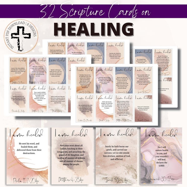 32 Scripture Cards on HEALING, Scripture Study, Bible Study Cards, Printable Cards, Scripture Cards, Prayer Cards, Health & Healing, PDF