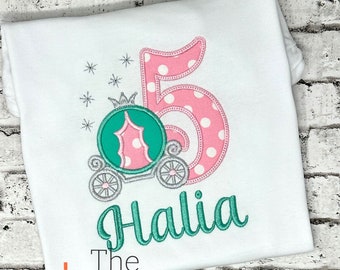 Girls Princess Carriage Birthday Shirt: Embroidered Personalized Tiara