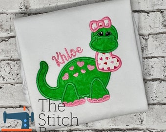 Personalized Girls Valentine Dinosaur Shirt: Embroidered Heart Tee