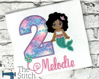 Girls 2nd Birthday Shirt: African American Mermaid, Personalized