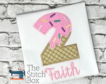 Girls 2nd Birthday Shirt: Embroidered Ice Cream Cone, Sprinkle Design