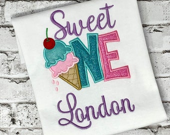 Girls Ice Cream Birthday Shirt: Embroidered First Birthday Tee