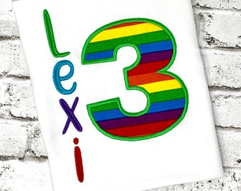 Girls 3rd Birthday Shirt: Embroidered Rainbow Number 1-9