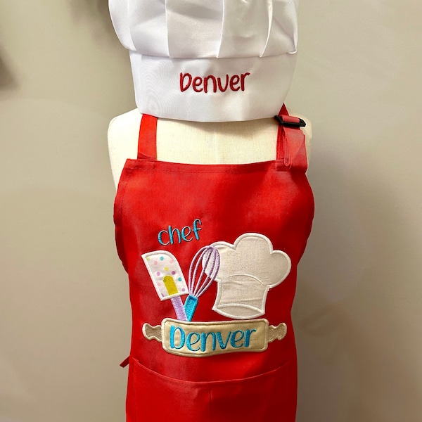 Kids Personalized Gift Apron and Chef Hat, Lightweight Baking Apron, Paint Apron, Art Apron, Embroidered Apron, Personalized Kids Chef Hat