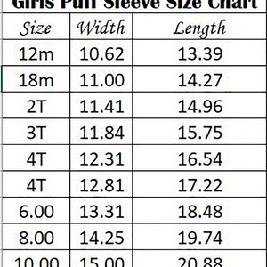 May include: Girls' puff sleeve size chart with measurements in inches for width and length. Sizes range from 12 months to 12 years.