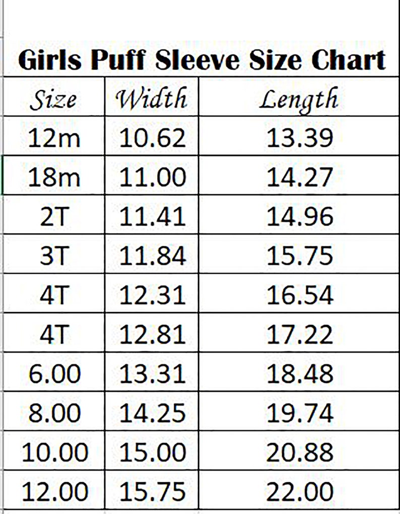 May include: Girls' puff sleeve size chart with measurements in inches for width and length. Sizes range from 12 months to 12 years.