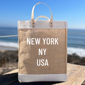 City Names | Coordinates | Custom Design | Beach Bag | Burlap Bag | Jute Tote Bag | Market Bag | Personalized Gift | Handbag | Gift for Her
