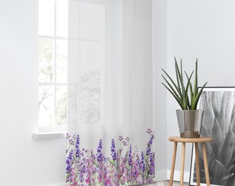 Rideau de fenêtre bohème avec fleurs sauvages, décoration de salon florale violette transparente, aquarelle inspirée de la nature, décoration botanique minimaliste