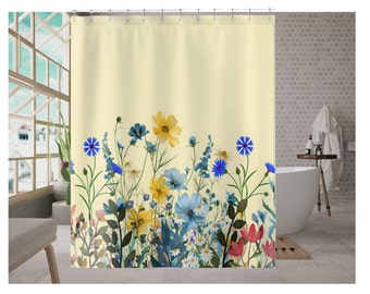 Botanischer gelber Duschvorhang, Blumengarten-Badevorhang, wunderliches Baddekor, Geschenk für neues Zuhause, modernes Bauernhaus-Badezimmer