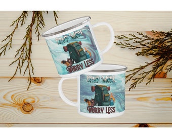 Enamel Camping Mug Worry Less, Inspirational Camp Cup, Nature Lover Gift, Rustic Coffee Mug, Campfire Tea Cup