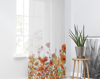 Rideau de fenêtre aquarelle fleurs sauvages, décoration de salon floral orange, tentures botaniques, cadeau inspiré de la nature, décoration d'intérieur minimaliste