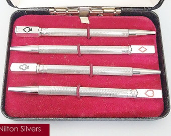 Cased set 4 vintage sterling silver bridge pencils, c.1950s