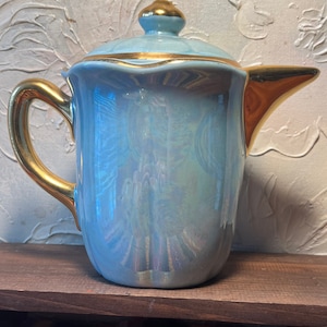 Vintage Iridescent Blue Lustre Finish Teapot with 22K Gold Handle and Trim
