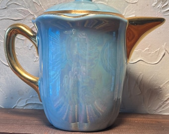 Vintage Iridescent Blue Lustre Finish Teapot with 22K Gold Handle and Trim