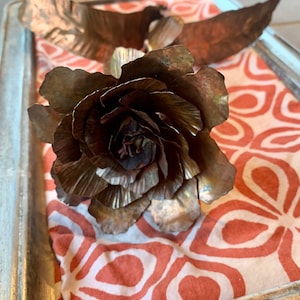 Hand Forged Copper Rose with Stem and Leaves