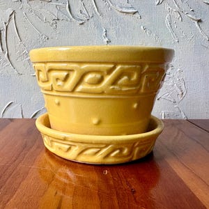 May include: A bright yellow ceramic plant pot with a matching saucer. The pot features a raised Greek key pattern around the upper rim and a series of small, evenly spaced raised dots around the middle section. The glaze has a subtle crackle finish.