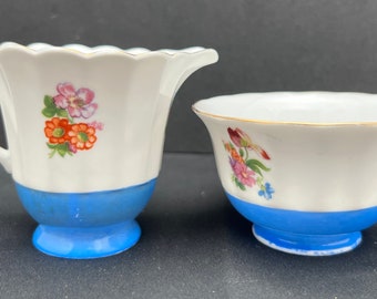 Vintage Japanese Sugar and Creamer Set - Floral Blue with Gold Trim