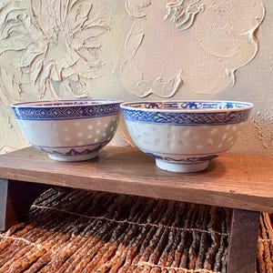Chinese Blue and White Porcelain Rice Grain Bowls - Set of 2 - Vintage 1980s