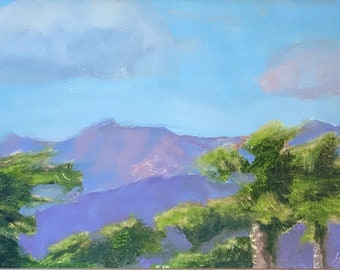 Original California landscape oil painting, Santa Barbara palm trees, windy day art, impressionist painting, 6" x 12", Kellie Stoelting