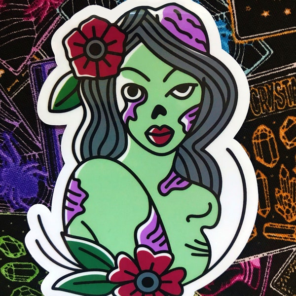 Zombie Girl Vinyl Sticker - Tattoo Style