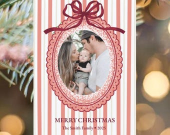 Bearbeitbare Weihnachtskartenvorlage mit roter Schleife | Leinwand Download | Feiertagskartendesign zum Ausdrucken