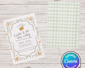 Kleine süße Babypartyeinladungs-Reihe | Oranges Thema | Bearbeitbare Canva-Vorlagen