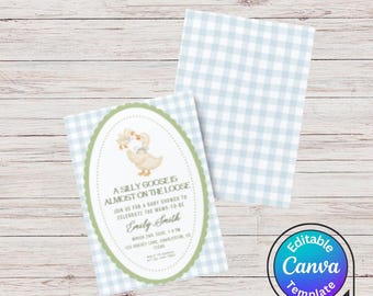 Dumme Gans-Babyparty-Einladung | Neutrales Gans-Thema | Bearbeitbare Canva-Vorlagen | Einladung Windelbuch für Baby